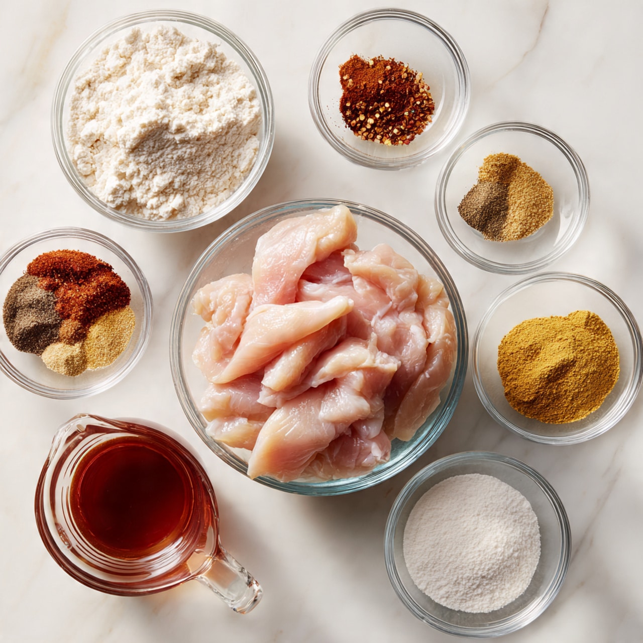 A top-down view shows a clear glass bowl in the center filled with raw chicken strips, pale pink in color with smooth texture. Surrounding the bowl are smaller clear glass bowls and a clear measuring cup, each containing different ingredients: white flour with a soft, powdery texture; brown sugar clumped lightly; various spices including a reddish-brown powder, yellowish-brown powder, black pepper, and a rich reddish-brown liquid in the measuring cup. All items are placed on a clean, white marbled surface, bright and well-lit, arranged neatly in a circular pattern. Photo taken with an iphone --ar 4:5 --v 7