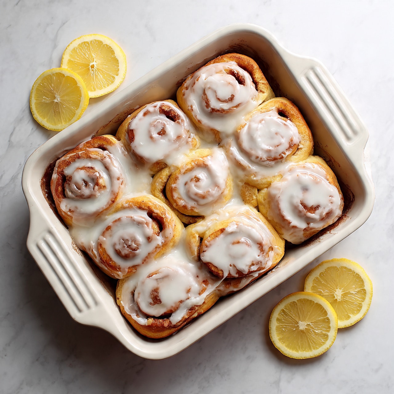 The image shows a white rectangular baking dish filled with nine cinnamon rolls covered in thick white icing. The cinnamon rolls are golden brown with a soft texture and spirals visible under the icing. Two half lemon slices are placed on the top left corner of the dish, while three lemon slices lay stacked on the bottom right corner. The dish is set on a white marbled surface. Photo taken with an iphone --ar 4:5 --v 7