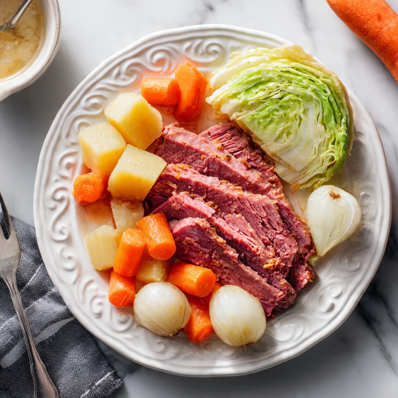 A white plate with raised swirl designs holds a serving of sliced pink corned beef placed near the bottom right. Surrounding the meat are bright orange carrot pieces on the top right, pale green wedge of cabbage to the far right, whole white onions scattered across the plate, and golden yellow cubes of cooked potatoes near the center and left side. The textures show the softness of cooked vegetables and tender meat grain. The plate sits on a white marbled surface with a fork placed near the bottom left. photo taken with an iphone --ar 4:5 --v 7