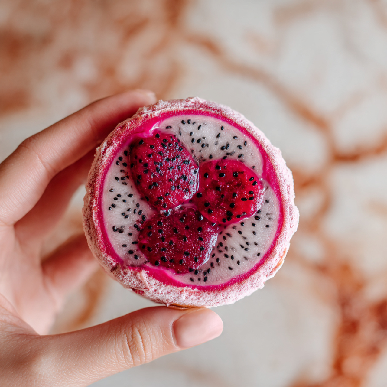 A close-up view of a small round dessert held by a woman's hand, showing a soft, slightly translucent pink outer layer coated with fine white powder. Inside, there are three to four bright red pieces of dragon fruit with small black seeds embedded, surrounded by a shiny pink jelly-like layer. The woman's fingers gently hold the dessert, highlighting its delicate texture and vibrant colors. The background features a soft blurred setting with warm tones on a white marbled surface. photo taken with an iphone --ar 4:5 --v 7