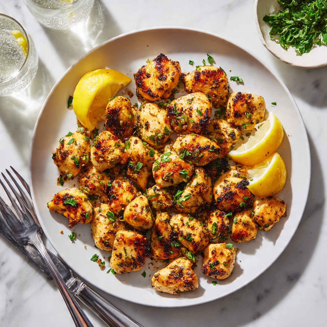 This image shows a white round plate filled with about 25 small, golden-brown cooked chicken pieces spread out evenly across the surface. Each piece has a slightly crispy texture with some dark grill marks and glistening bits of garlic and herbs like chopped green parsley sprinkled on top. There are three lemon wedges placed near one side of the plate. The plate sits on a white marbled surface, and a silver knife and fork rest on the left side of the plate, with two glasses of clear sparkling water nearby. The scene is bright with natural light casting soft shadows. Photo taken with an iphone --ar 4:5 --v 7