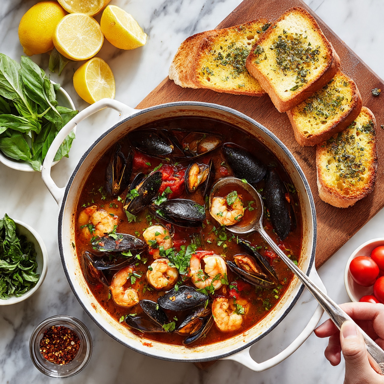 A white pot filled with a seafood stew showing several layers: the bottom layer is a reddish-brown broth with visible herbs and small pieces of tomato, floating on top are pink shrimp, white scallops, and black mussels in their shells, garnished with green chopped herbs all over. Next to the pot on a wooden board are slices of golden toasted bread sprinkled with herbs. Around the pot on a white marbled surface, there are two lemon halves, green basil leaves, a cluster of small red tomatoes, a bowl of fresh green herbs, and a small glass container of red chili flakes. A woman’s hand holds a silver spoon inside the pot. photo taken with an iphone --ar 4:5 --v 7