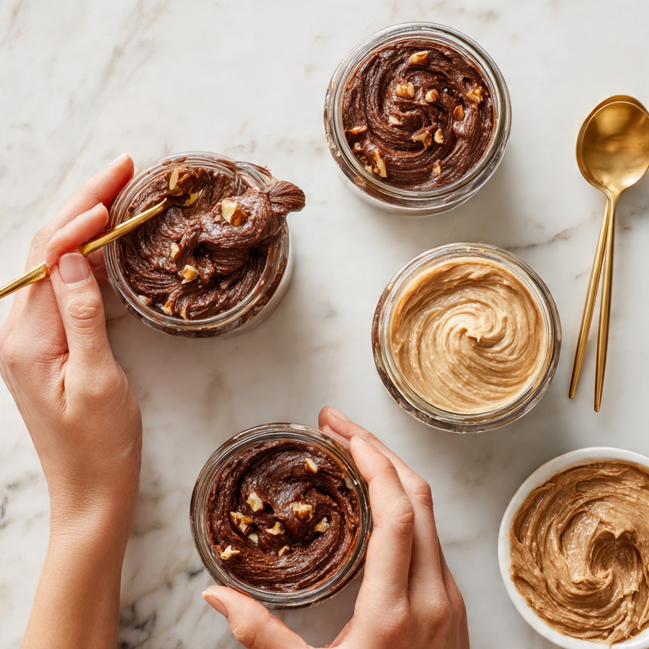 Four small glass jars are placed on a white marbled surface. Each jar is filled with a thick, dark brown chocolate mixture with visible chunks of nuts or chocolate pieces. Three of the jars have a thick layer of creamy light brown spread swirled on top, while one jar has only the chocolate mixture without the spread. A woman's hand holds a gold spoon, spreading the light brown topping over the chocolate mix in one jar. Another woman's hand holds a white bowl containing more of the light brown spread. photo taken with an iphone --ar 4:5 --v 7