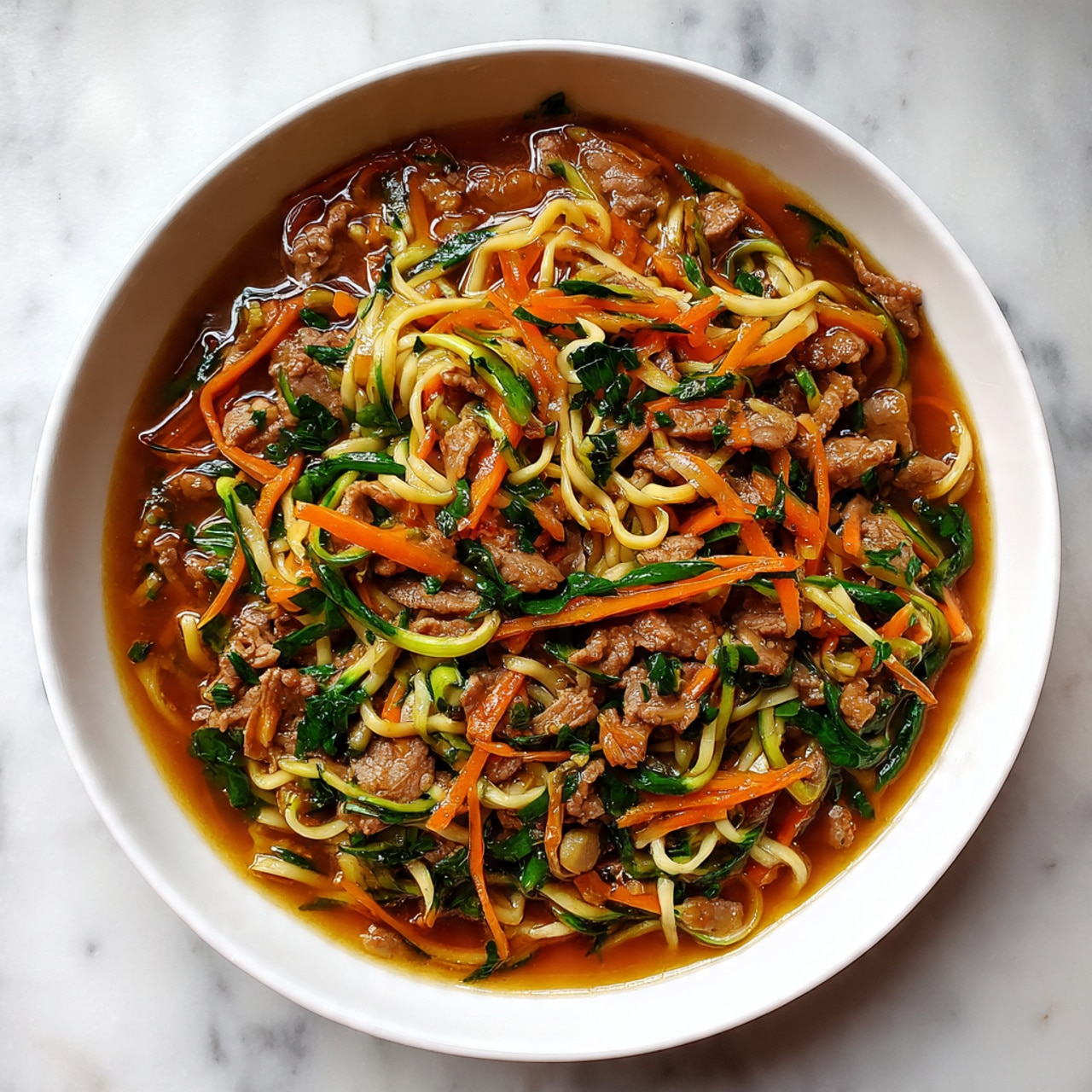 A white bowl filled with cooked noodles mixed with thin slices of light brown cooked meat and thin strips of orange carrot and green vegetables, all covered in a shiny brown sauce. The noodles are long and slightly twisted, spreading across the bowl with the meat and vegetables spread evenly throughout. The surface underneath the bowl is white marble. Photo taken with an iphone --ar 4:5 --v 7
