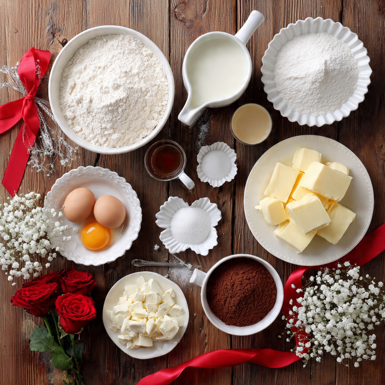 The image shows an overhead view of baking ingredients on a wooden surface. There is a large white bowl filled with flour on the left. Above the flour is a white cup with milk, and to the right, a white fluted dish holding granulated sugar. Below the sugar, there is a small silver cup with vanilla extract and next to it, a white bowl holding three raw eggs with visible yolks. A white plate in the center displays several cubes of butter. Small silver flower-shaped dishes hold salt, baking powder, and another white powder. A small white bowl contains cocoa powder. Red roses and white baby's breath flowers decorate the top and lower right corners, alongside a red ribbon tied in a bow near the bottom left corner. The background is a rich wooden texture. Photo taken with an iphone --ar 4:5 --v 7