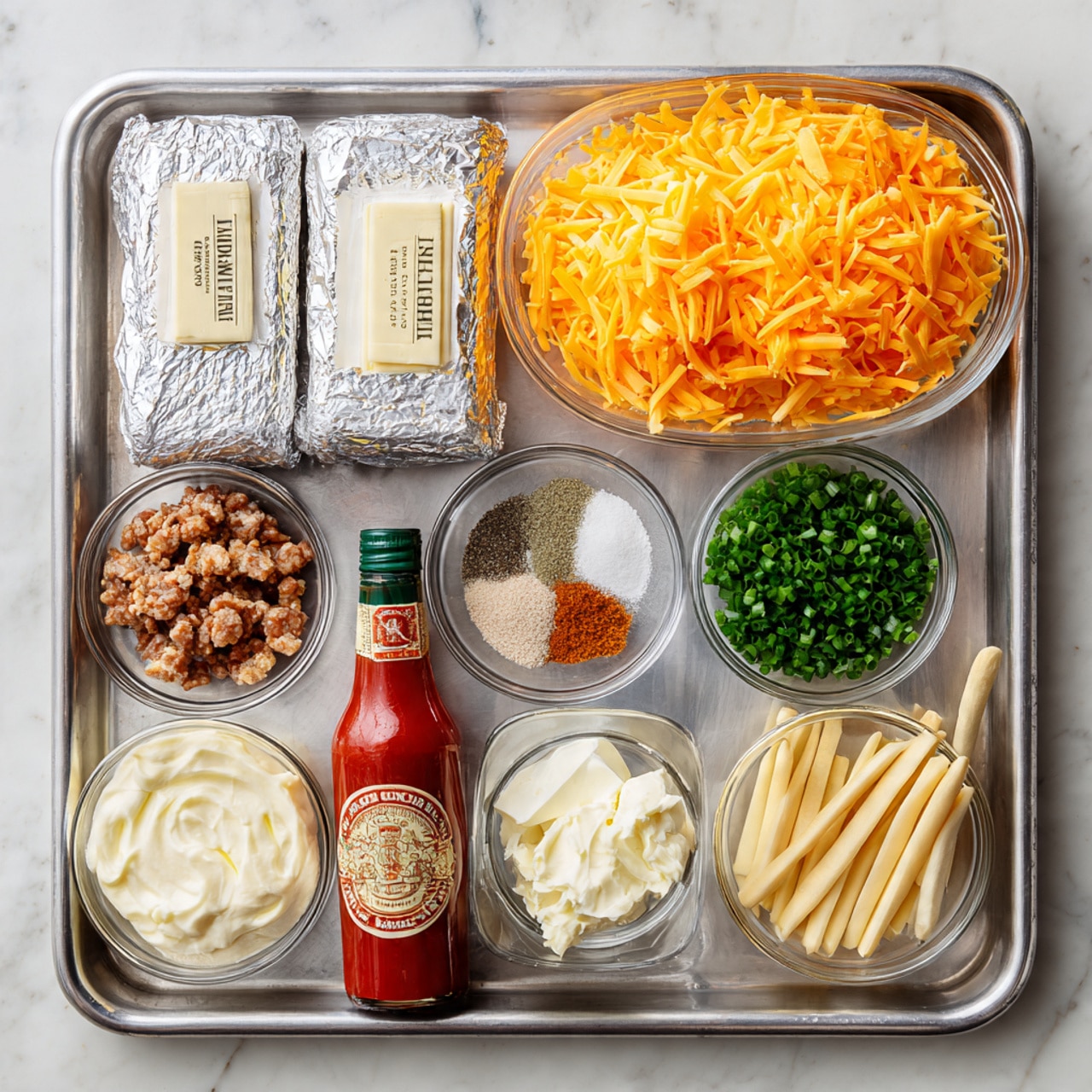 The image shows a metal tray with multiple small clear glass bowls and items arranged neatly. At the top left are two wrapped silver cream cheese blocks. To the right is a clear bowl filled with bright orange shredded cheese. Below the cheese is a small bowl of fresh, finely chopped green chives. Next to the chives is a small bowl divided into four piles of seasoning powders: salt, pepper, garlic powder, and onion powder. Beside this sits long, thin, pale yellow cheese sticks. On the bottom left corner is a bowl of finely chopped nuts. Above this is a bowl of white spreadable cream cheese. In the center left is a bowl with small chopped pickles, and below that, a bowl of cooked crumbled sausage. A bottle of red Tabasco sauce leans on the tray near the cheese sticks. The metal tray rests on a white marbled surface. photo taken with an iphone --ar 4:5 --v 7