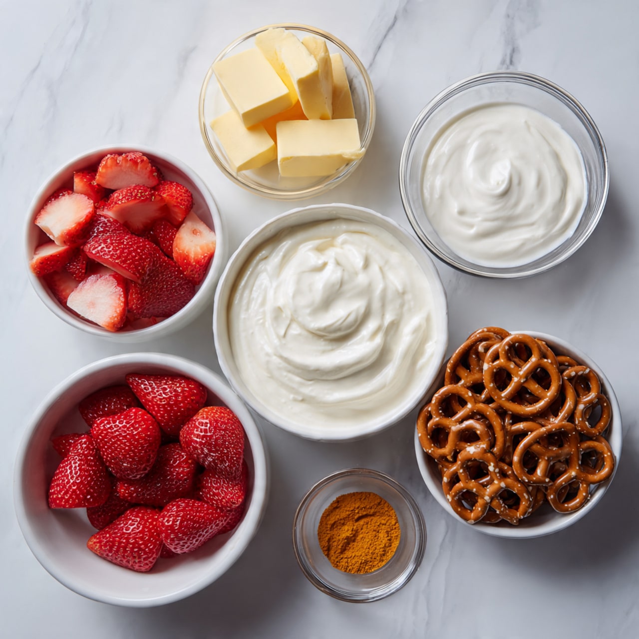 The image shows bowls with different ingredients on a white marbled surface. There is a medium bowl filled with white cream in the center, surrounded by smaller bowls. On the left, a white bowl holds sliced red strawberries. On the right, another white bowl contains small pretzels. Above the cream, a small glass bowl has yellow butter blocks, and another tiny bowl has white yogurt or sour cream. A small cup with an orange powder or spice is near the butter. The colors include white, red, yellow, orange, and brown, all arranged neatly. Photo taken with an iphone --ar 4:5 --v 7