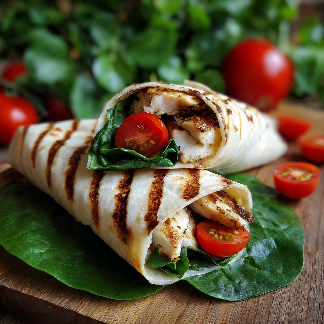 A white wrap filled with three pieces of grilled food with brown grill marks, resting on a green leaf inside the wrap. On top of the wrap, there are two halves of small, bright red cherry tomatoes showing their juicy inside. The wrap is placed on a wooden surface with blurred green leaves and red tomatoes in the background. Photo taken with an iphone --ar 4:5 --v 7
