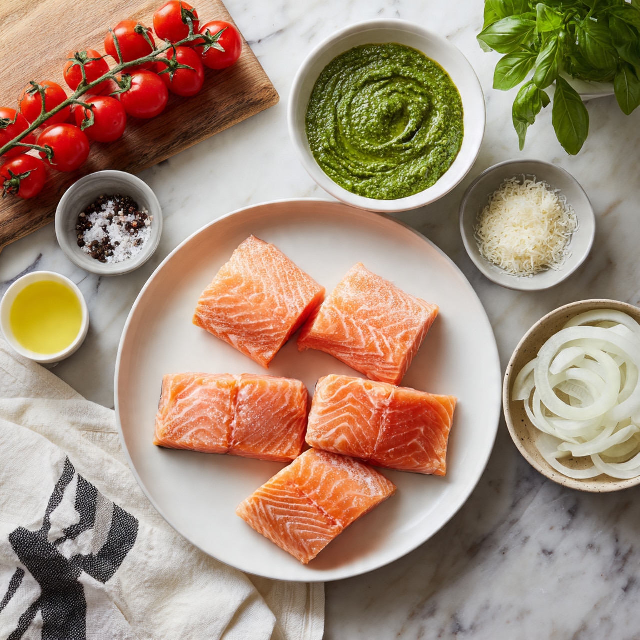 The image shows a white plate in the center with four pieces of raw salmon fillets, each with a pinkish-orange color and smooth texture. Above the plate is a small white bowl filled with green pesto sauce, thick and swirled on top. To the right of the salmon is a smaller white bowl with thin slices of white onions, arranged loosely. Near the onion bowl, there is a tiny white cup containing a light yellow liquid, possibly oil. At the top left, a wooden board holds a bunch of small bright red cherry tomatoes on the vine, along with two small grey bowls containing coarse salt and cracked black pepper. A small white bowl with grated parmesan sits near the bottom left, and a white cloth with black stripes is partially visible in the corner. The surface under everything has a white marbled texture. A green basil plant is visible at the top right. Photo taken with an iphone --ar 4:5 --v 7