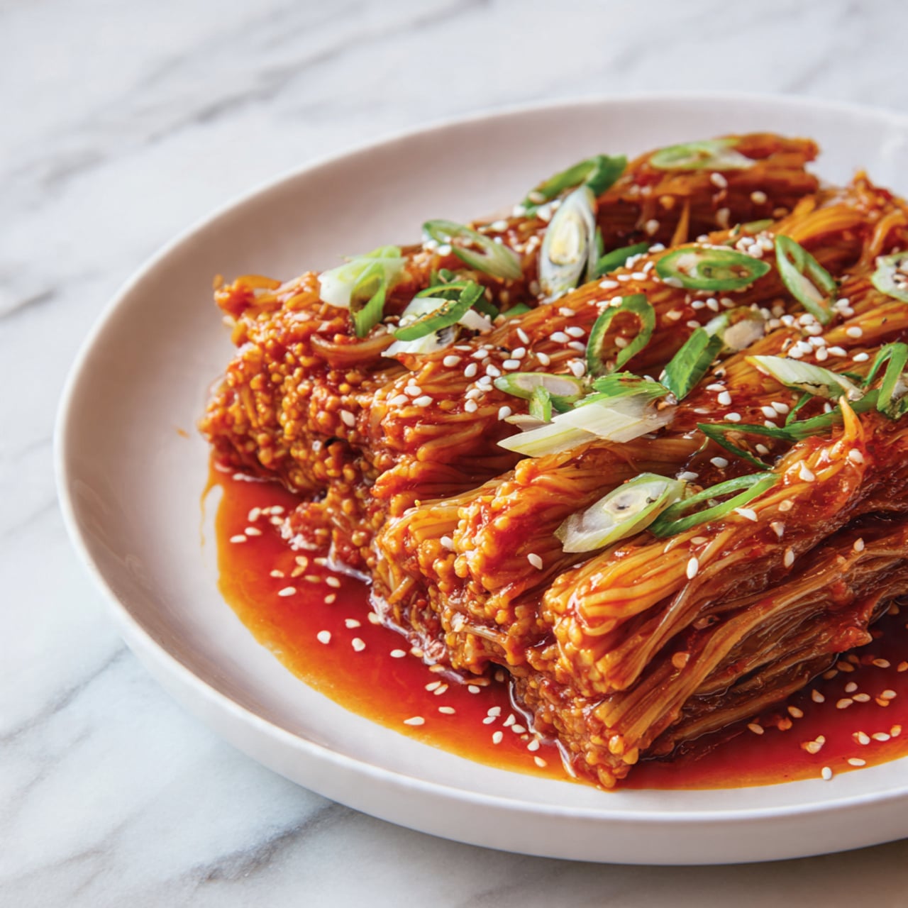 The image shows a close-up of three layers of golden-brown enoki mushrooms covered in a bright red sauce, arranged side by side on a white plate. The mushrooms have a soft and stringy texture, soaking in the vibrant, slightly oily sauce that pools around them. Scattered on top are small white sesame seeds and several slices of fresh green onion, adding spots of white and green to the red and golden colors. The background is a white marbled surface. photo taken with an iphone --ar 4:5 --v 7