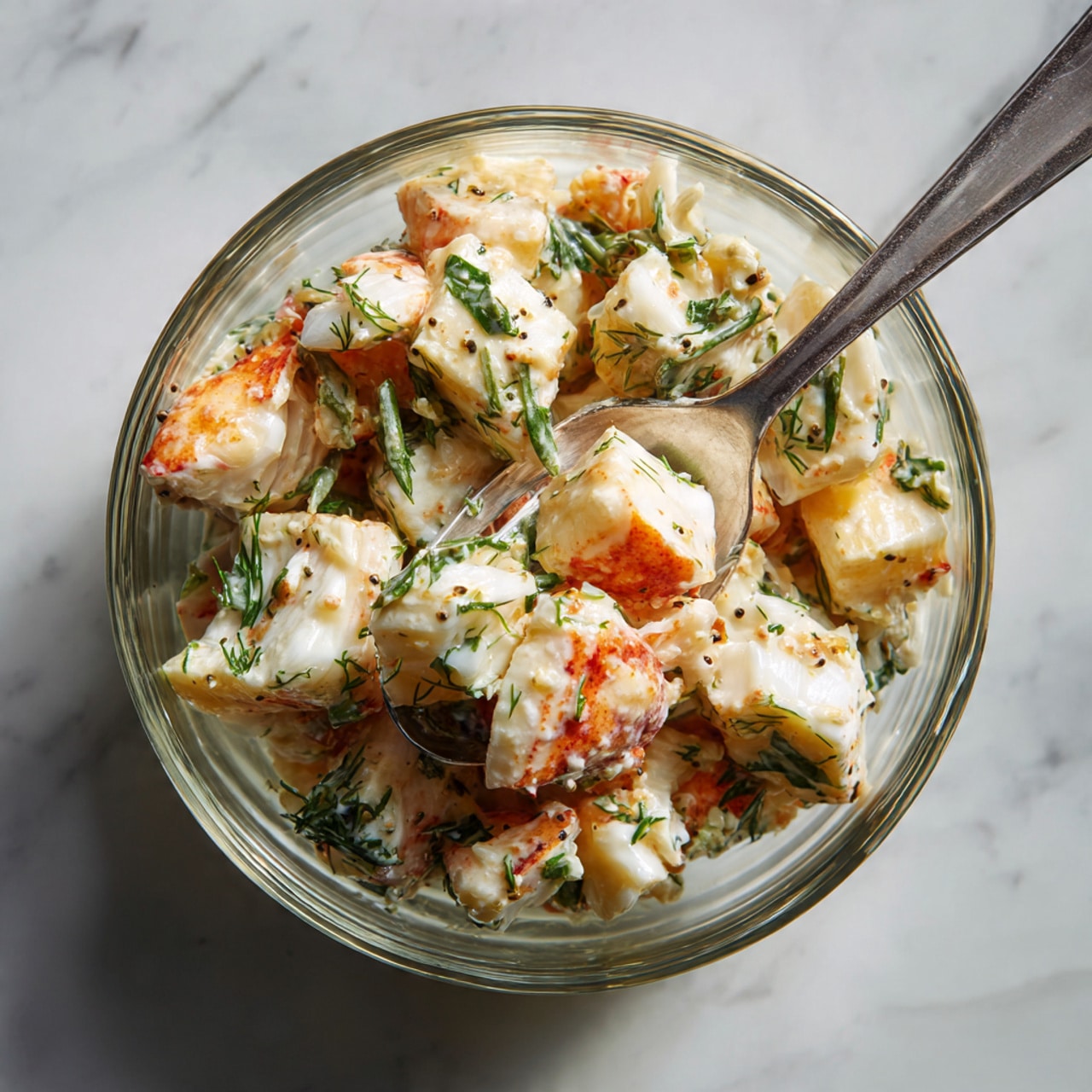 This dish shows chunks of white and light orange lobster meat mixed with small pieces of green herbs, likely chives and dill, in a clear glass bowl. The lobster pieces have a soft, slightly shiny texture with some specks of black pepper or seasoning. A silver fork is scooping some of the lobster salad from the bowl, which sits on a surface with a white marbled texture. The mix of colors creates a fresh and appetizing look, with the white lobster meat contrasting with the green herbs and light orange edges. photo taken with an iphone --ar 4:5 --v 7