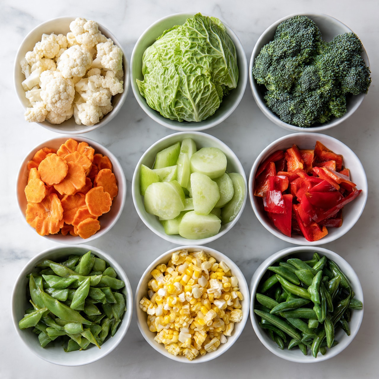Nine white bowls are arranged in three rows on a white marbled surface. The top row has three bowls: the left bowl holds small cauliflower florets that are light cream, the middle bowl is filled with large light green cabbage leaves, and the right bowl contains dark green broccoli florets. The middle row has three bowls: the left bowl has thin, flower-shaped orange carrot slices, the middle bowl is filled with pale green slices of what appears to be cucumber or melon, and the right bowl holds dark green green beans. The bottom row has three bowls as well: the left bowl contains bright green snow peas, the middle bowl has light yellow baby corn, and the right bowl holds roughly chopped pieces of red and green bell peppers. The image is clear and bright, showing the fresh, colorful vegetables beautifully. photo taken with an iphone --ar 4:5 --v 7
