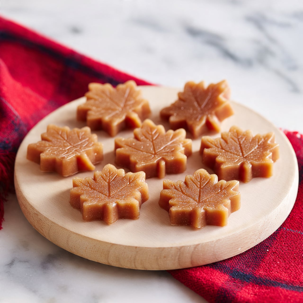 The image shows seven small maple leaf-shaped sweets placed on a round white wooden plate. Each sweet has a light caramel brown color with a slightly shiny, smooth texture and fine leaf vein details on the top surface. The sweets have a soft, dense look with tiny crystalline sugar specks on some edges. The plate rests on a white marbled surface with a red cloth visible in the corner. The overall setting is cozy and warm, focusing closely on the arrangement and texture of the sweets photo taken with an iphone --ar 4:5 --v 7