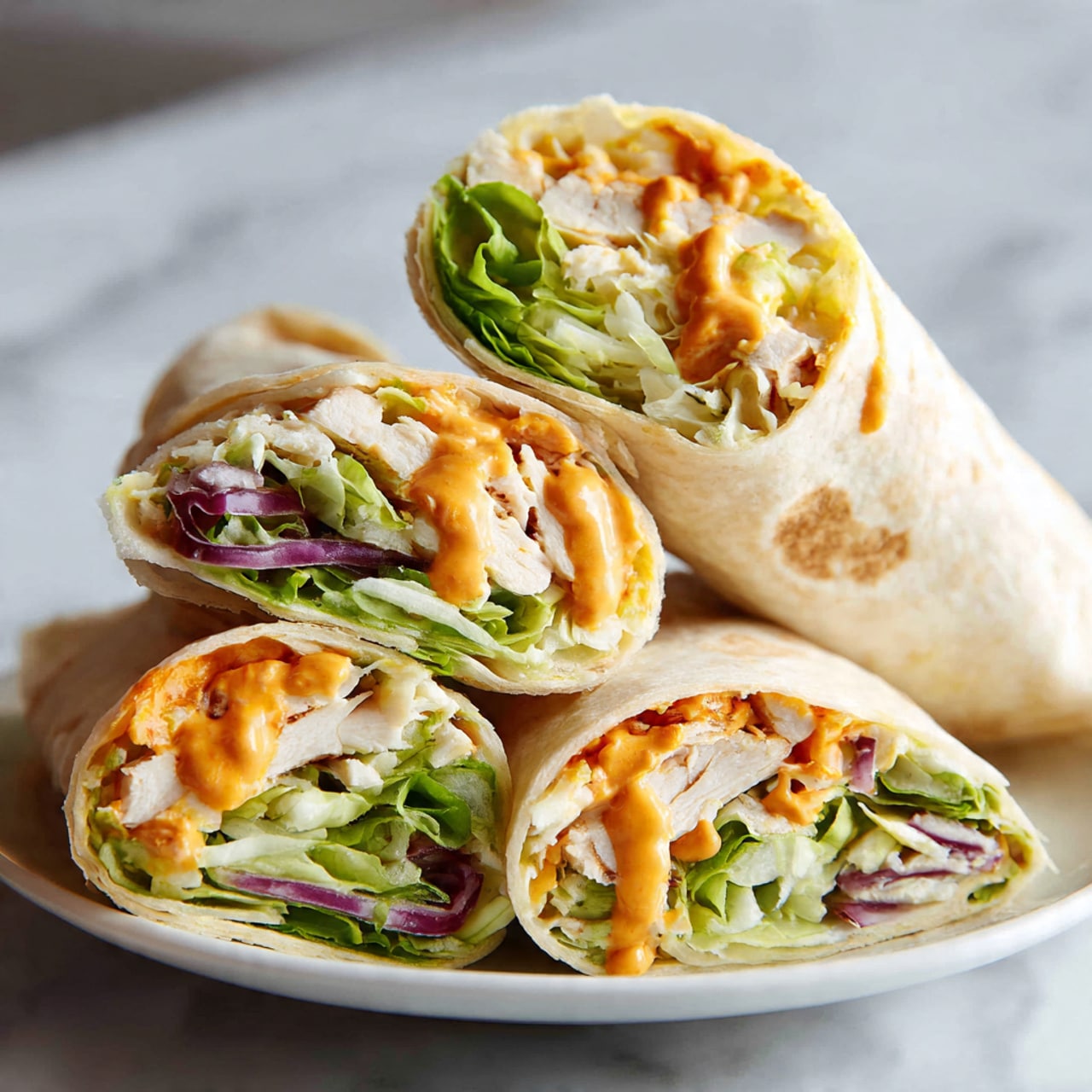 The image shows a close-up of four wrap sandwiches stacked on a white plate on a white marbled surface. Each wrap is cut in half to show three layers inside: the outer soft, light beige tortilla wrap; the middle layer of green leafy lettuce and thin slices of light purple onion; and the inner layer filled with pieces of light golden cooked chicken and bright orange sauce drizzled on top, with some shredded light orange carrots adding texture. A woman's hand is holding one of the wraps from the side. The lighting highlights the fresh, colorful ingredients making the wraps look very fresh and tasty. photo taken with an iphone --ar 4:5 --v 7