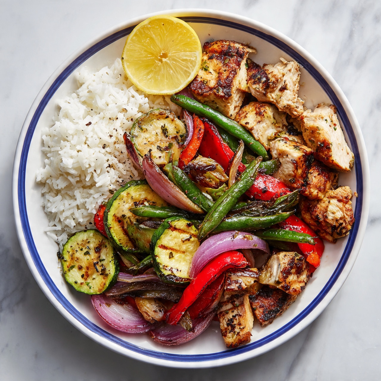 A white plate with a blue rim holds a colorful dish layered with white rice on one side, while the rest of the plate is filled with grilled chicken pieces that are roasted to a golden brown. Mixed grilled vegetables such as green beans, zucchini, red bell peppers, and red onions surround the chicken, showing a mix of vibrant green, red, and purple colors with a slightly charred texture. A lemon wedge rests on the edge of the plate, adding a bright yellow accent. The plate sits on a white marbled surface. photo taken with an iphone --ar 4:5 --v 7