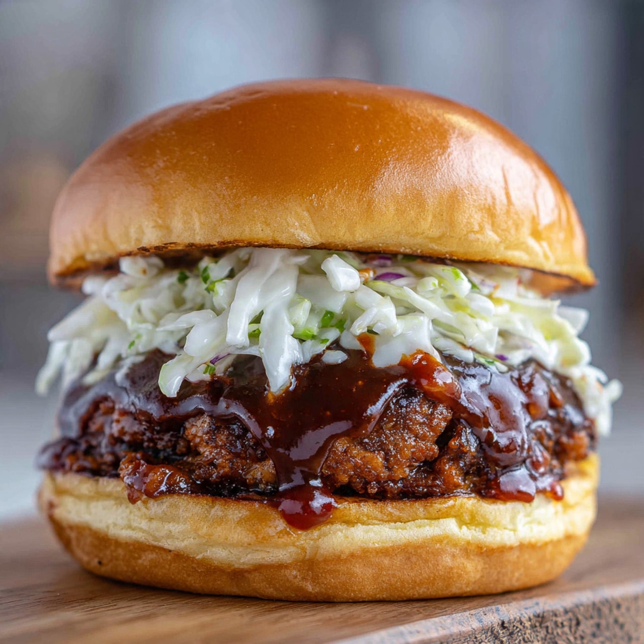 The image shows a sandwich with three layers inside a soft, shiny golden bun. The bottom layer has a thick, dark brown grilled chicken patty with a glossy BBQ sauce on top. Above the chicken patty, there is a fluffy white coleslaw made of finely shredded cabbage. The top light golden bun covers the sandwich, and the sandwich sits on a wooden surface. The background is blurred with soft, neutral colors. Photo taken with an iphone --ar 4:5 --v 7