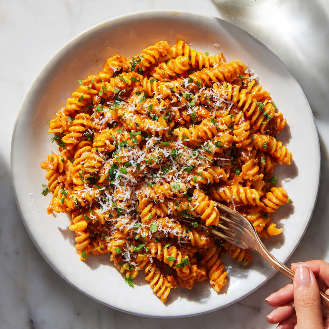 A white plate filled with spiral pasta coated in a thick, rich orange sauce, sprinkled generously with grated cheese and finely chopped green herbs. A bronze fork rests on the right side of the plate, partially touching the pasta, with a woman's hand reaching from the right edge, holding the fork. The plate sits on a white marbled surface, and the lighting highlights the creamy texture and vibrant colors of the sauce and garnish. photo taken with an iphone --ar 4:5 --v 7