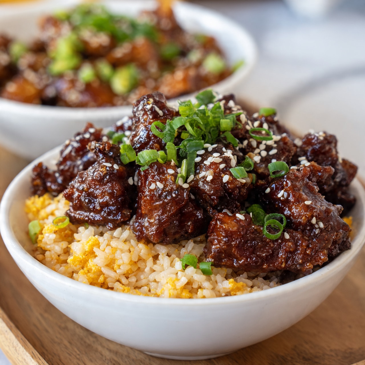 Two white bowls sit on a wooden table with a white marbled texture background, each filled with two main layers. The bottom layer is light orange fried rice with small bits of scrambled egg and green onions scattered throughout, giving it a soft, fluffy texture. The top layer is made of dark brown sticky chicken pieces, coated in sauce and sprinkled with white sesame seeds and chopped green onions. The chicken pieces have a shiny, slightly rough texture from the sauce. Photo taken with an iphone --ar 4:5 --v 7