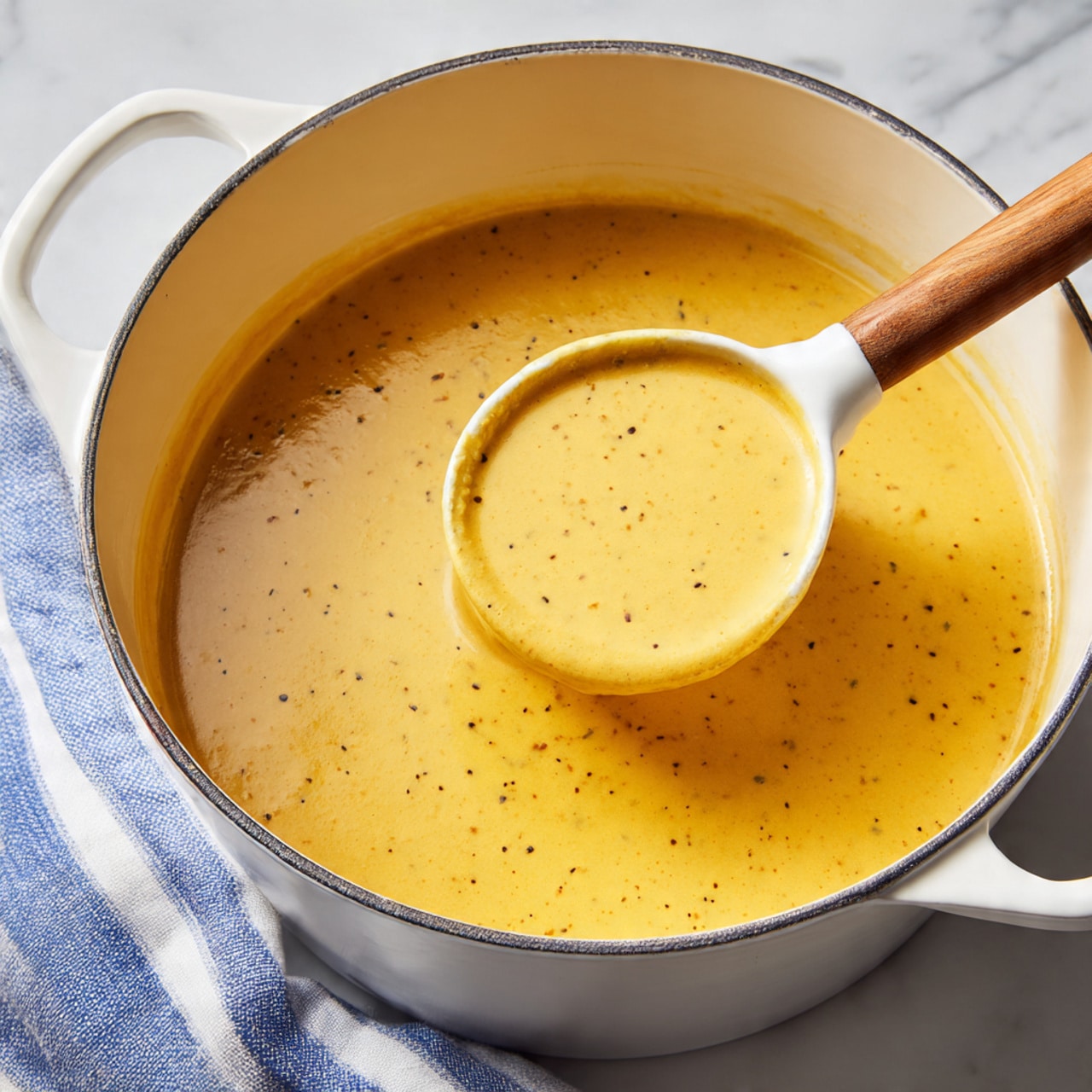 A large white cooking pot filled with smooth, thick soup of a golden yellow color with tiny black specks evenly spread throughout. A white ladle with a light wooden handle is dipped into the soup, lifting some of the rich liquid, showing its creamy texture. The pot is set on a white marbled surface with a blue and white striped cloth partially visible near the handle. The light and shadows emphasize the smooth surface and thickness of the soup. Photo taken with an iphone --ar 4:5 --v 7