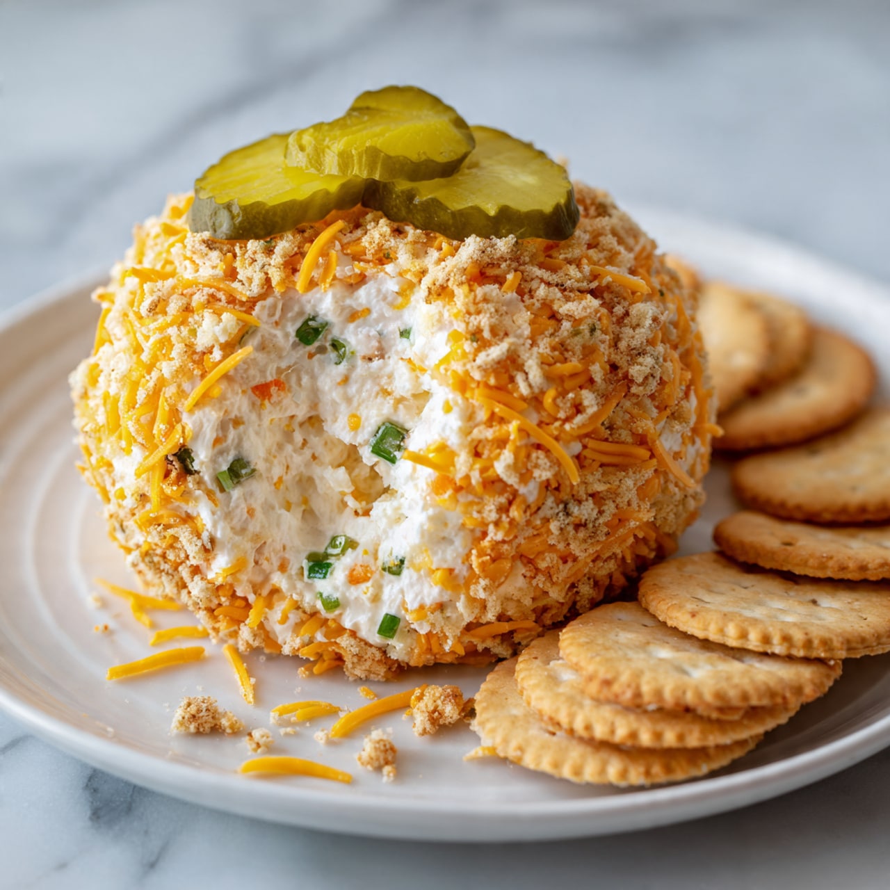 A white plate on a white marbled surface holds a round cheese ball covered in shredded orange cheese. The cheese ball has a visible bite taken out of it, revealing a creamy white inside mixed with small green and orange bits. On top of the cheese ball, there are two small pickle slices placed neatly. Around the plate, several round crackers are arranged close to the cheese ball. The scene is well-lit, showing a close-up view with focus on the textures of the cheese, cream, and crackers. Photo taken with an iphone --ar 4:5 --v 7