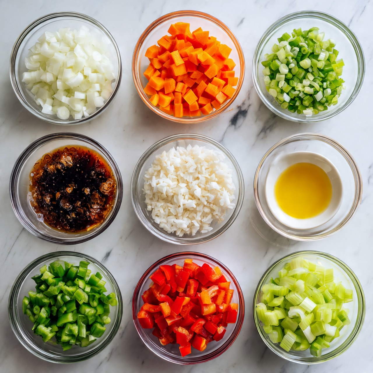 The image shows nine small glass bowls arranged on a white marbled surface. Each bowl contains different colorful chopped ingredients layered separately: diced white onions, green sliced scallions, bright orange carrot cubes, dark brown soy sauce, minced garlic, cooked white rice, chopped light green celery, chopped red bell peppers, and a small bowl with a yellow liquid, possibly egg wash or oil. The bowls are neat and clear, displaying the vibrant colors and textures of each ingredient. Photo taken with an iphone --ar 4:5 --v 7