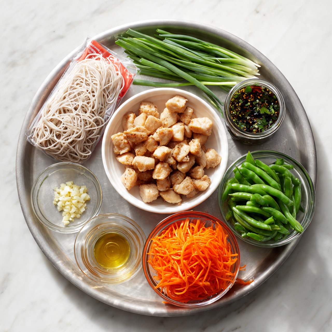 A silver tray with several items arranged neatly on a white marbled surface: a red package of soba rice noodles positioned on the left side, a white bowl filled with small light brown marinated chicken pieces in the center, long green onions placed above the bowl, a small glass jar containing dark sauce with herbs on the top right, a small glass bowl with minced garlic on the lower left, a small clear bowl with light golden oil on the bottom left corner, a white bowl with bright green snap peas below the main bowl, and a clear glass bowl filled with shredded bright orange carrots on the lower right side, photo taken with an iphone --ar 4:5 --v 7