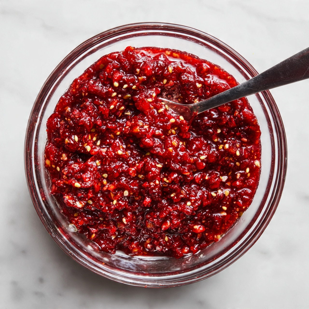 A clear glass bowl filled with a chunky red mixture that has visible small seeds and bits of fruit, showing a thick and textured consistency. A dark metal spoon is placed inside the bowl, partially covered with the red mixture, ready for stirring or serving. The bowl sits on a white marbled surface, giving a clean and bright look to the scene. photo taken with an iphone --ar 4:5 --v 7