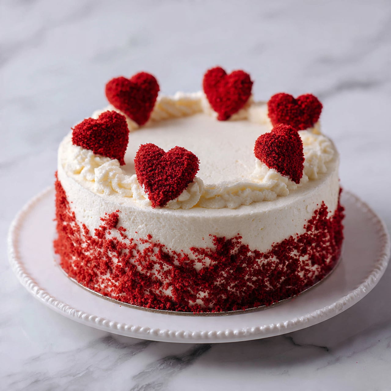 The image shows a round cake on a white plate with a pearl edge design, placed on a white marbled surface. The cake has two main layers covered with smooth white cream. The sides of the cake are coated with red crumbs that create a rough texture. The top of the cake is covered with the same smooth white cream and has eight red heart-shaped decorations evenly spaced in a circle near the edge. The hearts appear soft and spongy, contrasting with the creamy white top. Photo taken with an iphone --ar 4:5 --v 7
