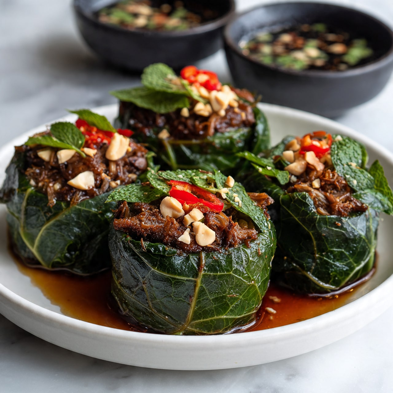 The image shows four green leafy rolls placed side by side on a white plate on a white marbled surface. Each roll is wrapped tightly in dark green leaves with a shiny brown meat filling inside, topped with small pieces of chopped peanuts and tiny red chili slices. Fresh green herbs are scattered lightly over the rolls. In the background, two black sauce bowls filled with a dark dipping sauce with herbs and chopped peanuts inside are slightly blurred. The lighting highlights the gloss on the meat and the freshness of the leaves. Photo taken with an iphone --ar 4:5 --v 7