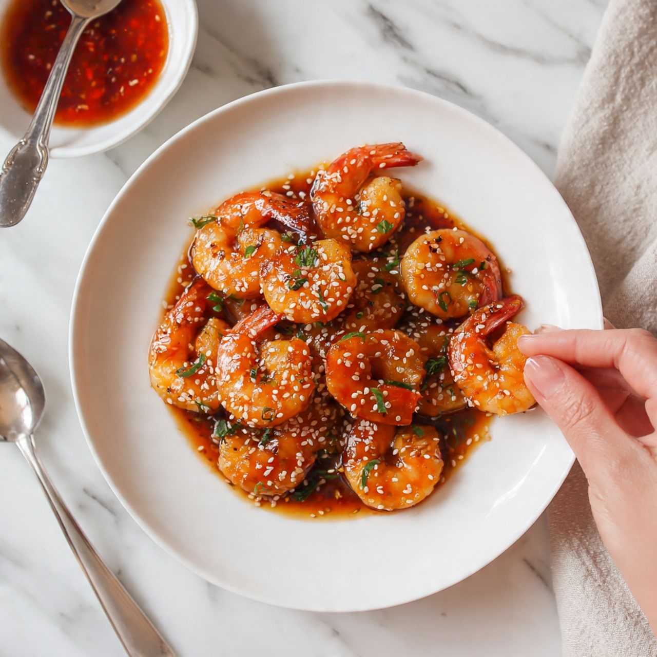 A white plate on a white marbled surface holds a single layer of bright orange shrimp, each piece covered in a glossy sauce. The shrimp are sprinkled with small white sesame seeds and tiny bits of green herbs, adding texture and color contrast. In the background, a small white bowl with red sauce and a silver spoon are partially visible. A woman's hand is about to pick up one shrimp from the plate photo taken with an iphone --ar 4:5 --v 7