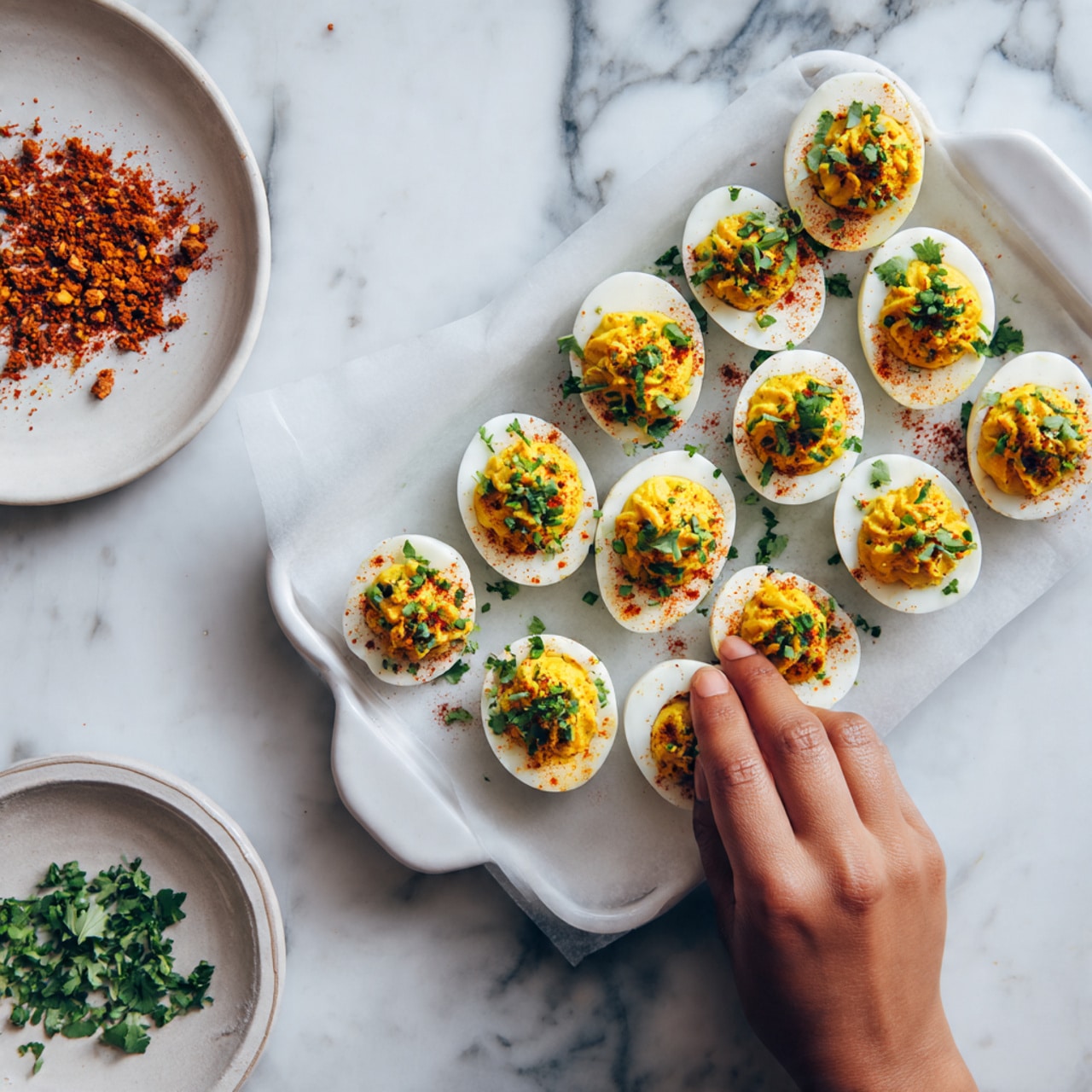 The image shows a white tray filled with neatly arranged deviled eggs, each topped with bright yellow yolk mixture, sprinkled with green herbs and a reddish-brown powder. Next to the tray, there is a white plate with small reddish-brown crumbs scattered on parchment paper, and another white plate with a few green herbs on it. A woman's hand is reaching for one of the deviled eggs on the tray. The background is a white marbled texture. photo taken with an iphone --ar 4:5 --v 7