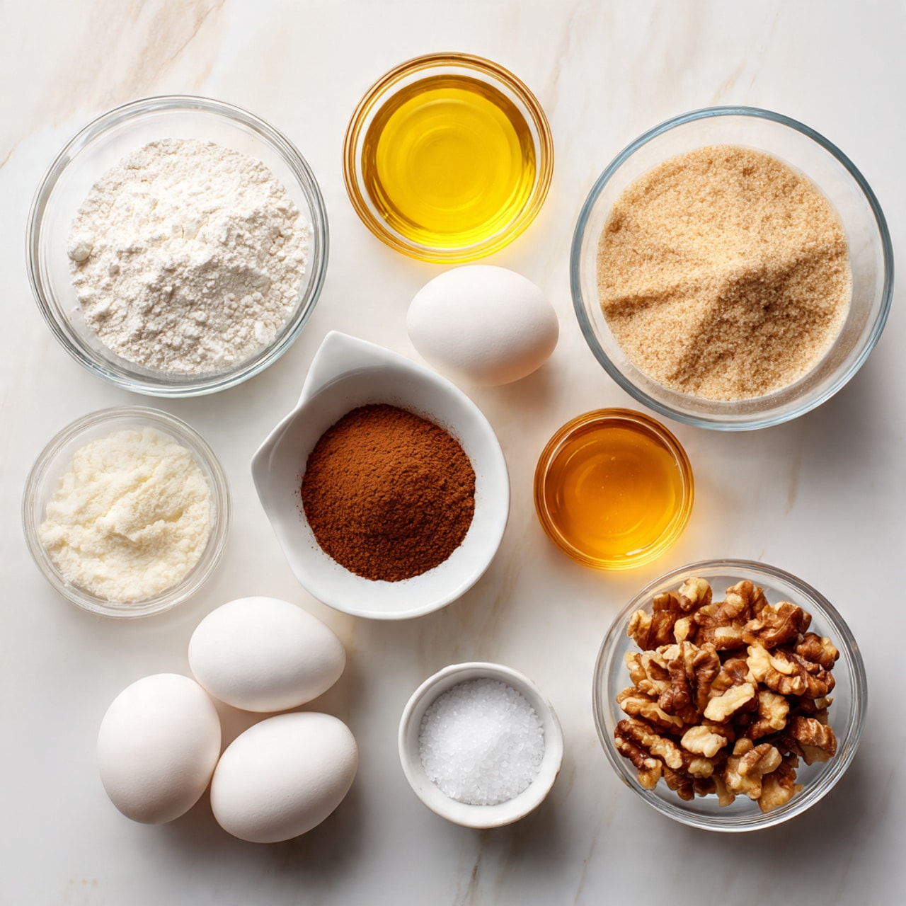 The image shows a white marbled surface with several small glass and white bowls arranged neatly. There are three white eggs placed side by side near the center. A clear glass bowl holds white flour, and a small white bowl contains a brown powder, likely cocoa or cinnamon. Another white bowl has a yellow liquid, probably oil, and a small white bowl contains a golden liquid, likely honey or syrup. There is a small bowl with white granulated sugar, and a glass bowl has chopped nuts. All items are spaced evenly, with soft natural light highlighting the textures and colors of each ingredient. Photo taken with an iphone --ar 4:5 --v 7