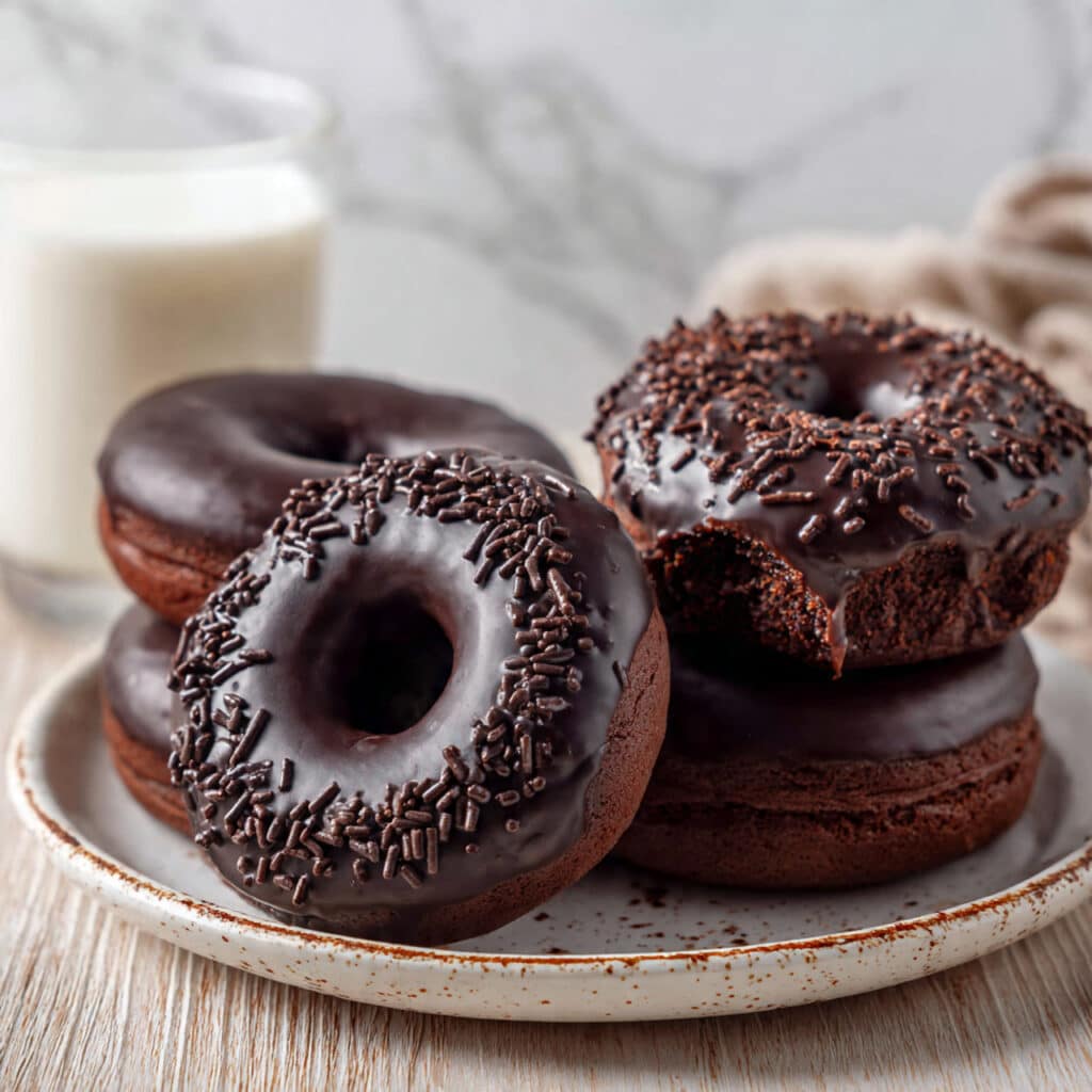 Chocolate Covered Baked Donuts with Rich Chocolate Glaze