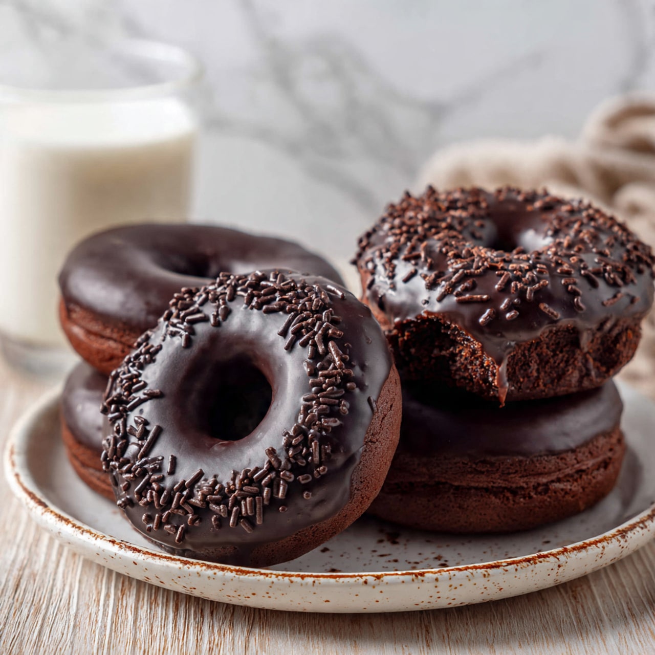 The image shows a group of five chocolate donuts arranged closely on a white plate with a speckled brown rim, placed on a wooden surface with a white marbled texture in the background. In the front, one donut is fully covered in smooth dark chocolate with small chocolate sprinkles scattered mostly on the top and one side. Behind it, two donuts appear plain with a rich, matte chocolate coating, and another donut on the right side is partially bitten, revealing a moist dark chocolate cake inside with some sprinkles on top. The last donut in the back is slightly blurred but has a shiny chocolate glaze. A blurry glass of milk is in the background. photo taken with an iphone --ar 4:5 --v 7