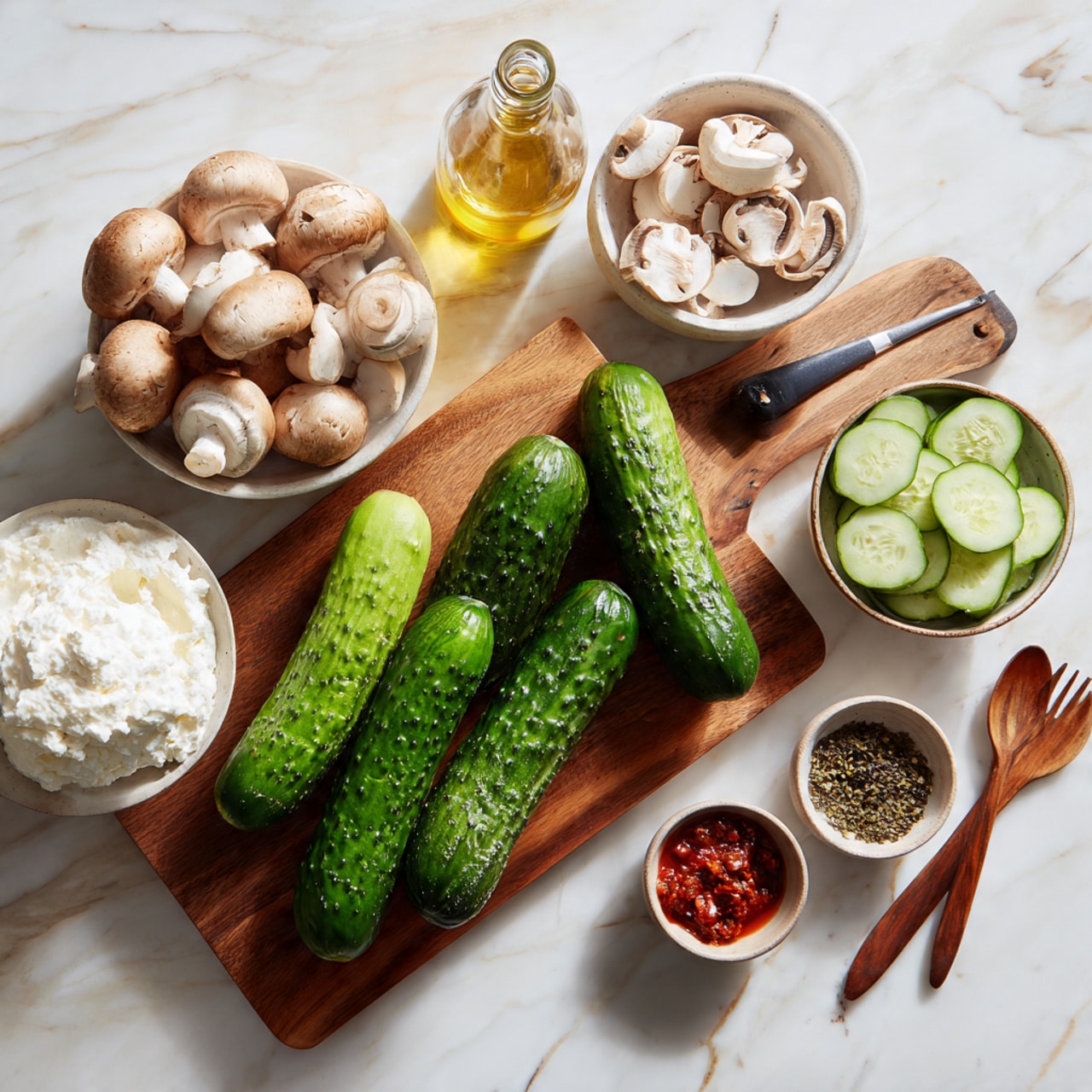 The image shows a wooden cutting board on a white marbled surface, holding three bright green cucumbers with a bumpy texture. Around the board, there are multiple small white bowls filled with ingredients: one bowl of whole light brown mushrooms, another with sliced mushrooms, a bowl of sliced cucumbers with a smooth green skin and pale inside, a bowl with white thick cream, a small bowl of red chili sauce, and a small bowl with brown herbs finely chopped. A clear glass bottle with golden oil is also visible nearby. The scene includes a wooden spoon and a wooden fork on the marbled surface. The colors are natural and fresh, with emphasis on green, white, brown, and red tones. photo taken with an iphone --ar 4:5 --v 7