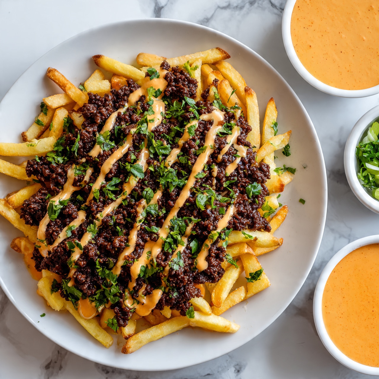A white plate holds a layer of golden, crispy fries spread out flat. On top of the fries is a thick layer of cooked dark brown minced meat. A creamy orange sauce is drizzled over the meat in thin lines. Fresh chopped green herbs are sprinkled on top, giving a fresh pop of color. Two white bowls with more of the orange sauce are in the background on a white marbled surface. photo taken with an iphone --ar 4:5 --v 7