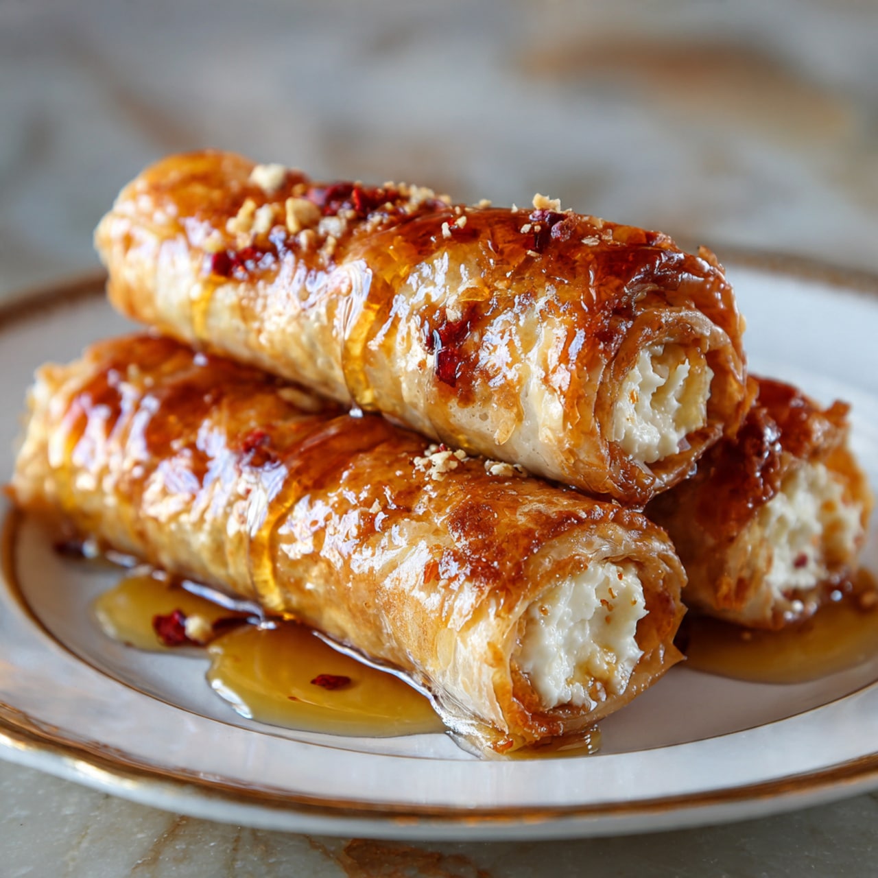 The image shows three golden-brown rolled pastries on a white plate with a marbled texture background. Each roll is thin and flaky with many layers of delicate crispy skin wrapped tightly around a white creamy filling that slightly sticks out from the ends. A shiny, amber-colored syrup with red chili flakes is drizzled over the rolls, some syrup pooling on the plate below and slowly dripping from the top roll. The scene is warm and inviting, with soft focus on the background and close-up detail on the texture of the rolls and syrup. Photo taken with an iphone --ar 4:5 --v 7