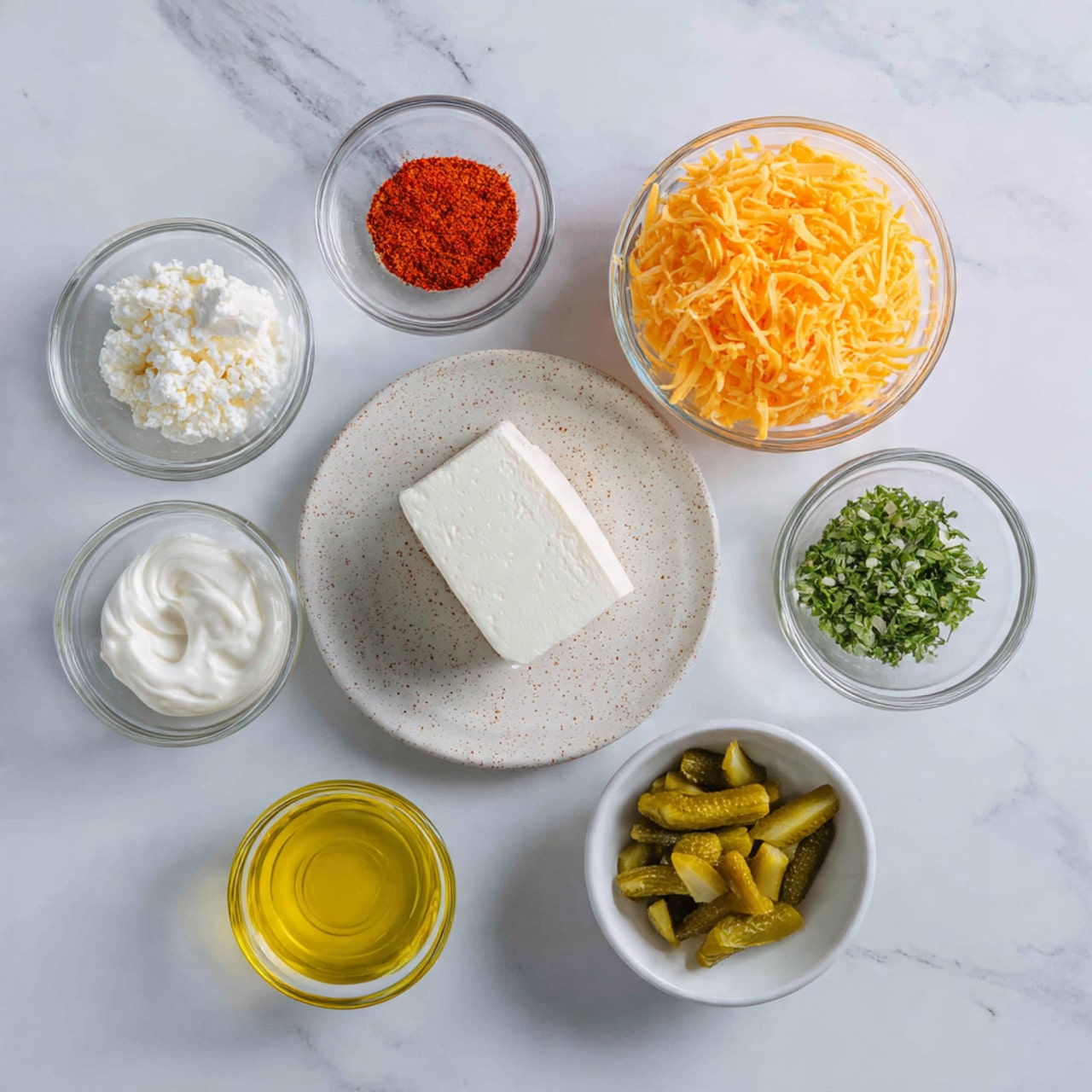 The image shows six small clear and white bowls placed on a white marbled surface. In the middle is a white speckled plate with a solid block of white cream cheese. Above it is a clear bowl filled with shredded orange cheddar cheese, and next to it on the left is a small clear bowl with red chili powder. Below the chili powder is a small clear bowl with white sour cream. To the lower left of the plate is a small clear bowl with light yellow olive oil. Below the plate is a clear bowl with diced green pickles, and to the right of the plate is a white bowl containing finely chopped green herbs. The setup is neat and organized. photo taken with an iphone --ar 4:5 --v 7