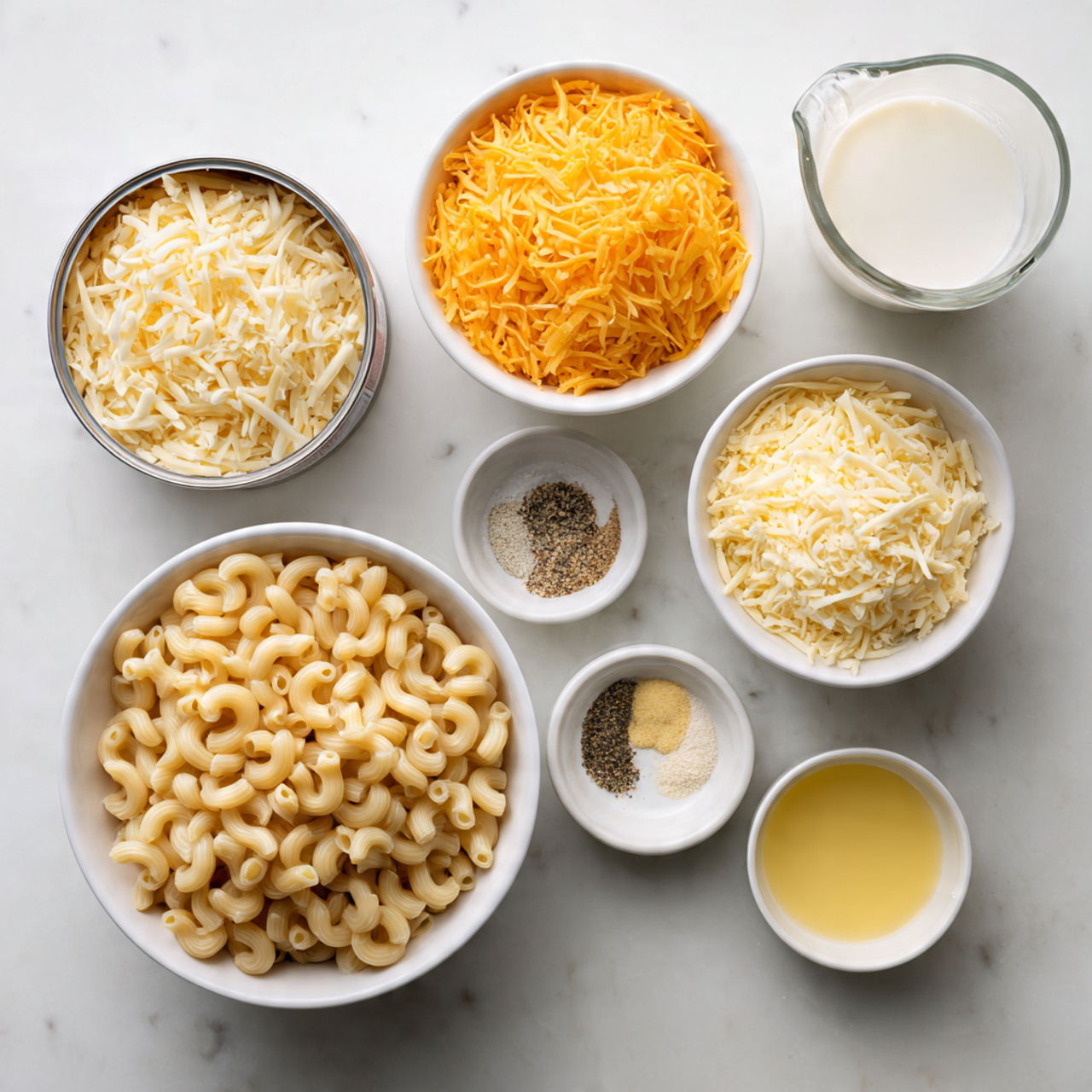 The image shows six groups of ingredients arranged neatly on a white marbled surface. In the center bottom, there is a white bowl full of dry elbow macaroni, light tan and curved in shape. Above it, slightly to the left, is a white bowl filled with shredded orange-yellow cheddar cheese, full and fluffy. To the right of the cheddar cheese is a smaller white bowl containing shredded pale yellow cheese. Above the pale cheese is a small white bowl filled with mixed dry spices, including salt, pepper, garlic powder, and onion powder in small piles of white, black, and beige. To the right of the spice bowl is a small white bowl with a yellow liquid, likely melted butter or oil. On the left side, there's a metal can with the lid opened, showing light, creamy liquid inside, and next to it is a clear glass measuring cup filled with white milk. All items sit neatly spaced on the white marbled surface, giving a clean and organized look photo taken with an iphone --ar 4:5 --v 7