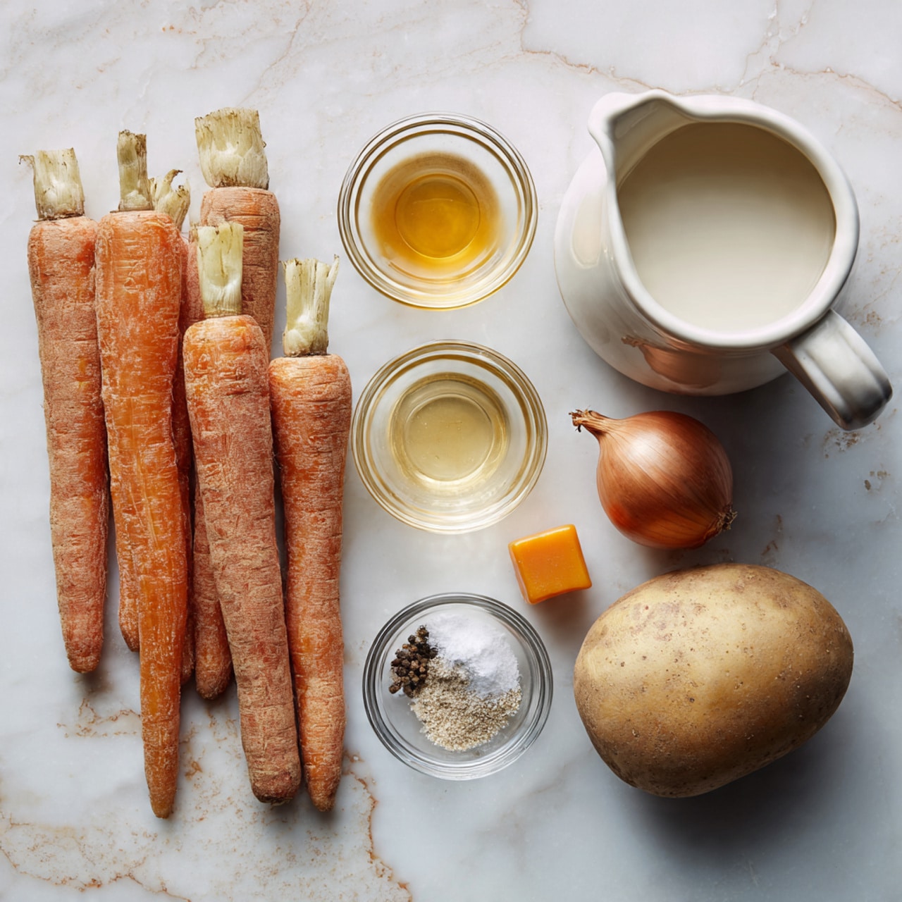 The image shows a white marbled surface with a simple arrangement of ingredients. In the bottom left, there is a group of fresh orange carrots with some soil still on them. To the right of the carrots, there is one brown onion and a light brown potato. Above the vegetables, small glass bowls hold golden olive oil and a small amount of salt and pepper mix. A small cube of orange carrot bouillon is placed near the onion and potato. On the top right, a white ceramic pitcher holds milk, visible for its creamy color. The light is soft and natural, highlighting the colors and textures of all the ingredients. Photo taken with an iphone --ar 4:5 --v 7