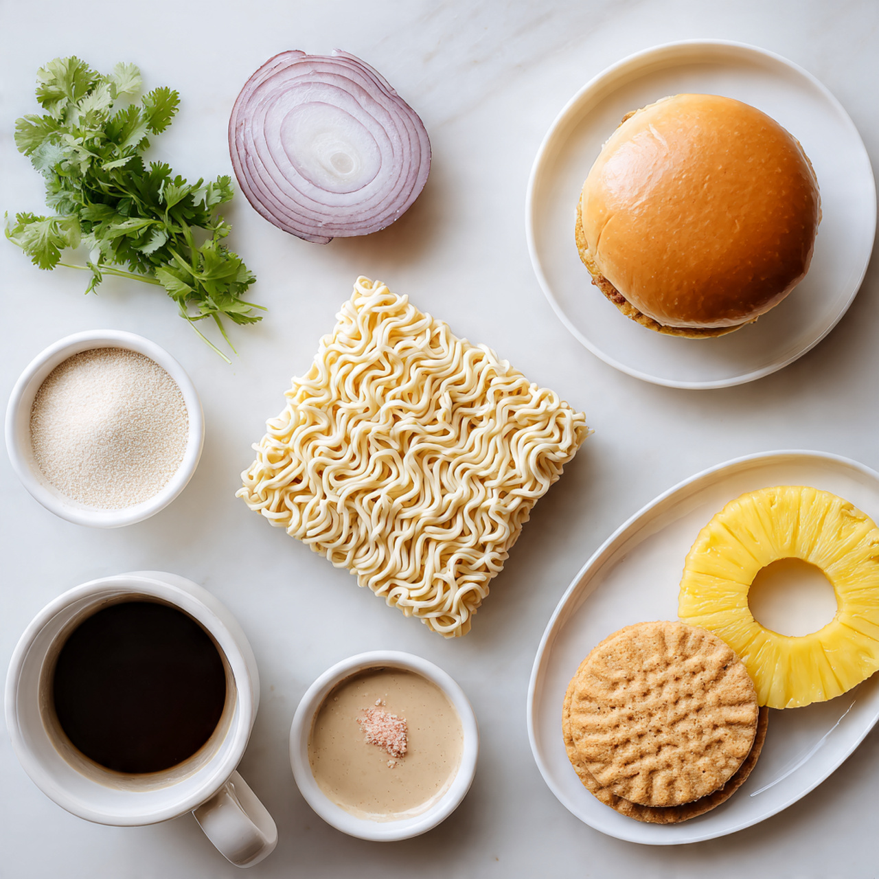The image shows a white marbled surface with several ingredients arranged neatly. There is a square block of instant ramen noodles placed near the bottom center. Above the noodles to the left is a small bunch of fresh green leafy cilantro. To the left of cilantro is a thick slice of red onion with visible layers. Above the noodles and slightly to the right are two shiny soft golden brown burger buns stacked on one another in a white plate. Near the top center is a white plate with a bright yellow pineapple ring that has a smooth texture. To the right of the pineapple ring, there is a white plate with two round golden cookies. Above and to the left of the pineapple, there is a small white bowl with a white powder and a tiny piece of pinkish spice on top. To the left of that bowl is another small white bowl with a swirl of beige sauce. On the bottom left corner, there is a cup filled with dark black coffee. A woman’s hand is not shown touching anything in this image. The whole layout is clean and visually balanced, with bright colors and smooth textures standing out. photo taken with an iphone --ar 4:5 --v 7