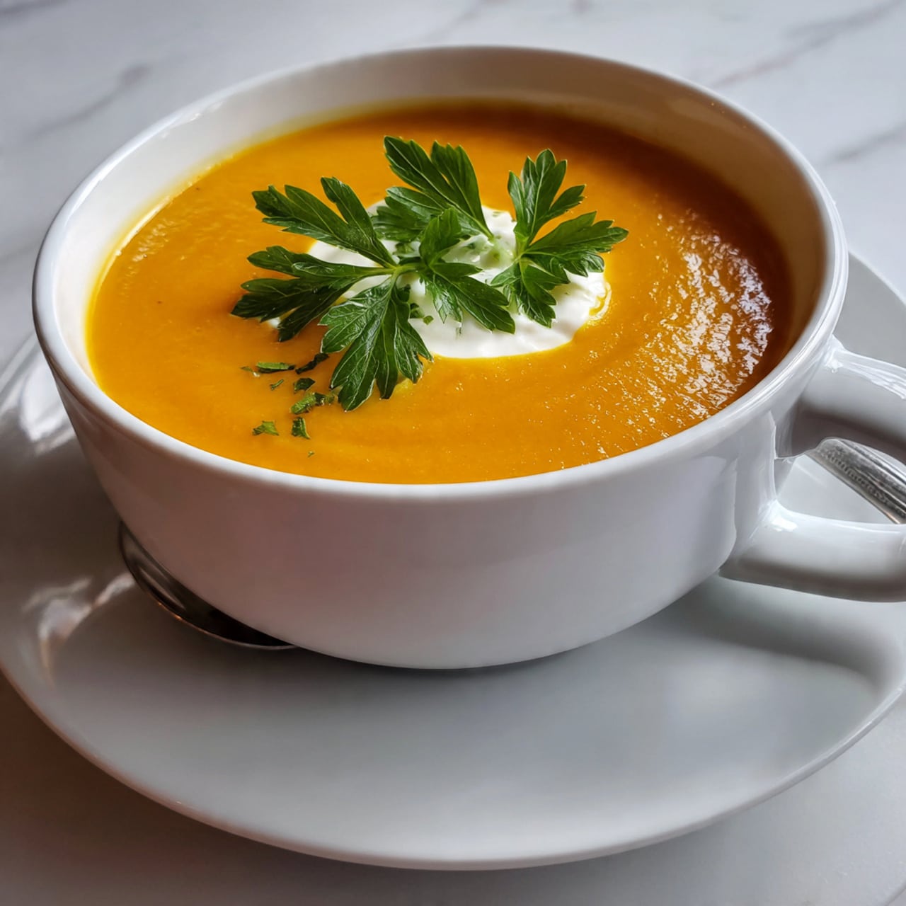 A close-up view of a white bowl filled with smooth orange soup, topped with a small dollop of white cream placed in the center, and a fresh green parsley leaf resting on top of the cream. The bowl is on a white plate, all set against a white marbled textured surface. photo taken with an iphone --ar 4:5 --v 7