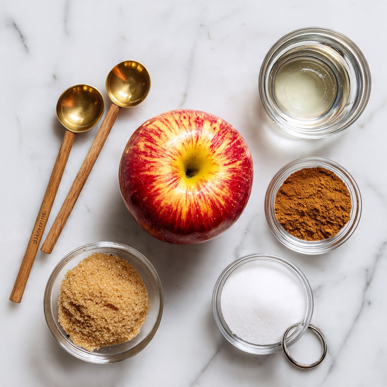 The image shows six ingredients placed on a white marbled surface: a shiny red apple with yellow patches centered in the middle, a small clear glass bowl of light brown sugar with a coarse texture below it, a small clear glass bowl of fine white sugar to the right of the apple, a small clear glass bowl of brown cinnamon powder above the apple, a small silver cup of clear liquid above the white sugar, and two wooden measuring spoons with brass measuring heads - one with a rounded scoop on the left side near the apple and cinnamon, and the other with a ring-shaped head resting diagonally on the bottom right corner near the white sugar, all arranged neatly. Photo taken with an iphone --ar 4:5 --v 7