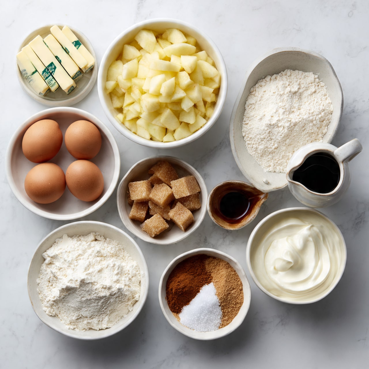 The image shows an arrangement of baking ingredients on a white marbled texture. There are various white bowls: one filled with finely chopped pale-yellow apples, another with white sugar, a third containing thick white yogurt or cream, and a large bowl holding white flour with a scoop inside. A small white pitcher contains dark vanilla extract, and a small brown bowl holds white powder, likely baking powder or flour. A medium white bowl contains a cinnamon and spice mix, while another small white bowl has light brown sugar packed into two oval shapes. A white bowl on the left holds two brown eggs, and two sticks of pale yellow butter with green labels rest on the surface in the top left area. A tiny white bowl with salt completes the scene. photo taken with an iphone --ar 4:5 --v 7