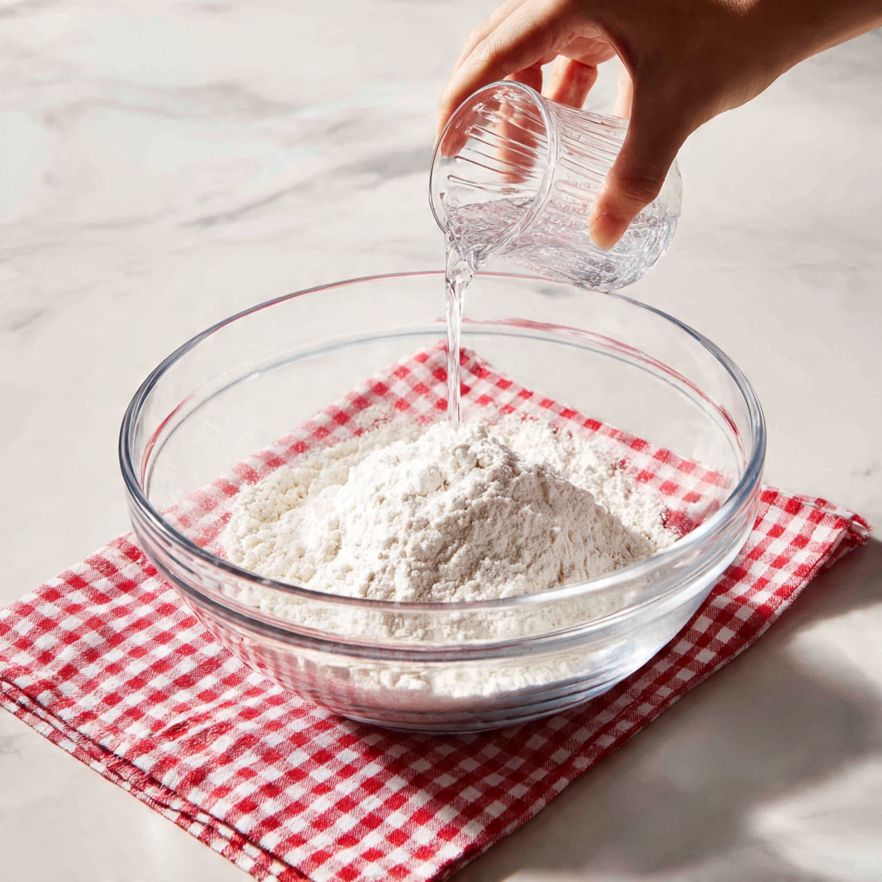A clear glass bowl sits on a white marbled surface with a red and white checkered cloth underneath. Inside the bowl, there are three mounds of white powdery flour surrounding some white liquid. A woman's hand is pouring a clear liquid into the bowl from a small clear container, blending with the flour and white liquid. The scene is bright and clean, focusing on the mixing process with soft shadows and clear reflections on the glass bowl photo taken with an iphone --ar 4:5 --v 7