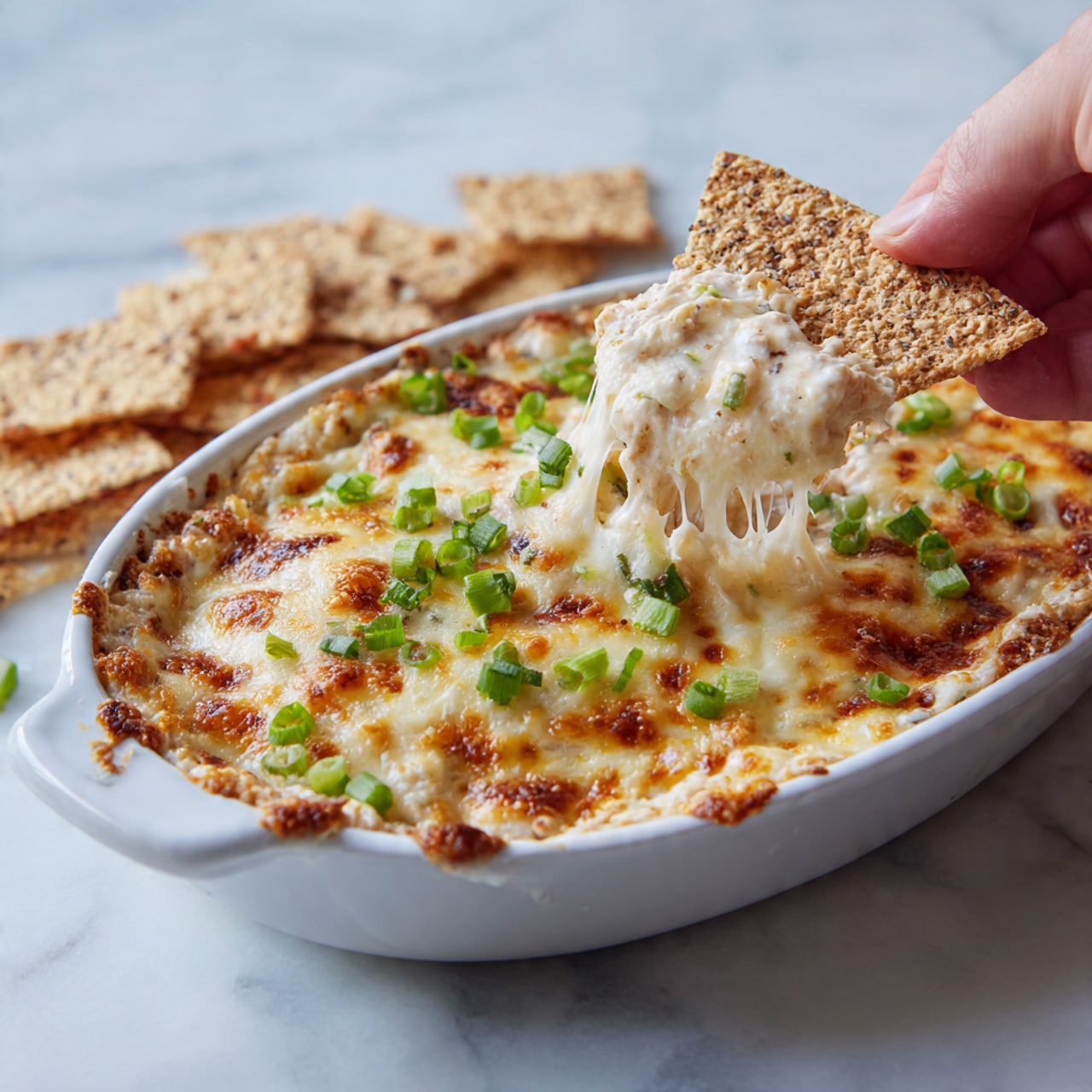 A white oval dish filled with a baked dip showing a golden brown melted cheese top layer that is bubbly and slightly browned in spots, sprinkled with chopped green onions for a touch of green color. The dip itself looks creamy with small bits of mixed ingredients beneath the cheese crust. A woman's hand is lifting a triangular multigrain chip with some stretchy melted cheese pulling away from the dish. Around the dish, there are additional scattered chips on a white marbled surface. photo taken with an iphone --ar 4:5 --v 7