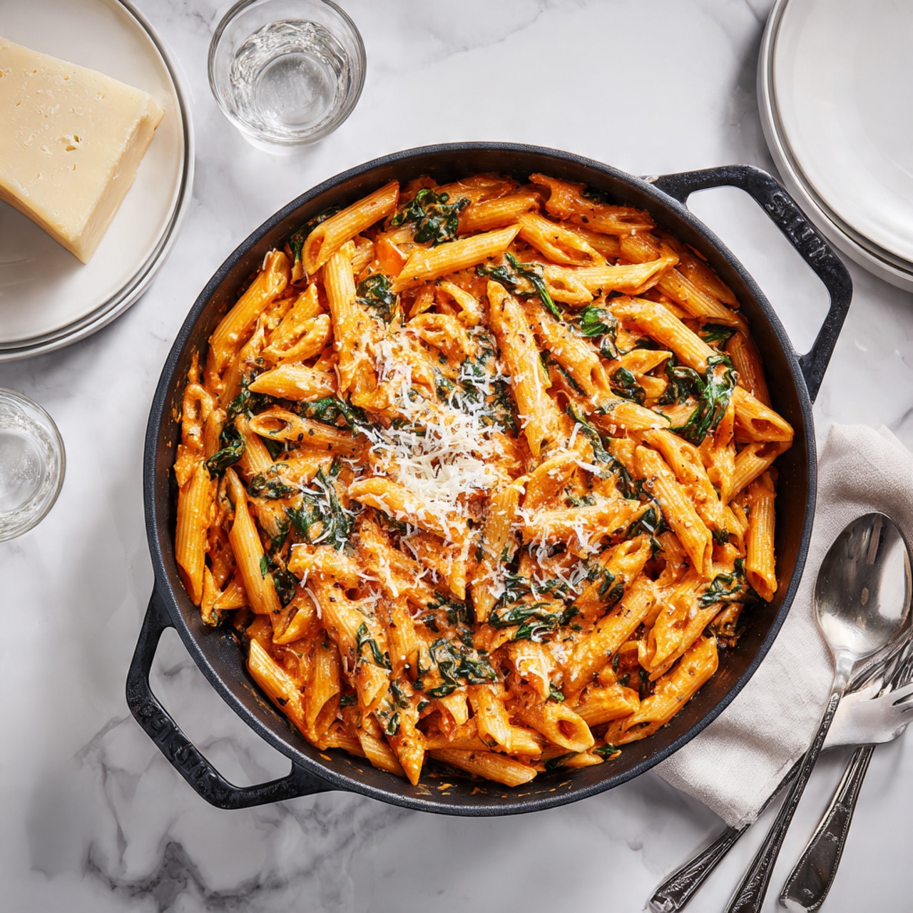 The image shows a black cast iron pan filled with penne pasta mixed in a rich, creamy tomato sauce. The pasta is layered with strips of cooked spinach and topped with grated cheese that is melting slightly in the center. The pasta color is warm orange and reddish from the sauce, with green spinach leaves scattered throughout. The pan sits on a white marbled surface, with a wedge of cheese and two white plates with silver spoons nearby. The overall look is warm and inviting, with a cozy homemade feel. photo taken with an iphone --ar 4:5 --v 7