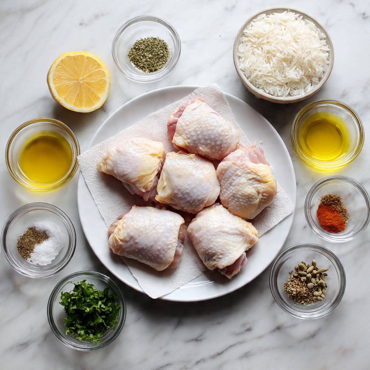 The image shows a white plate in the center with six raw chicken thighs placed on a paper towel. Around the plate, there are small clear bowls and jars arranged in a circle, each containing different ingredients such as white rice, lemon slices, butter, oil, chopped green herbs, spices, and seasonings. Everything is set on a white marbled surface, giving a clean and bright appearance. Photo taken with an iphone --ar 4:5 --v 7