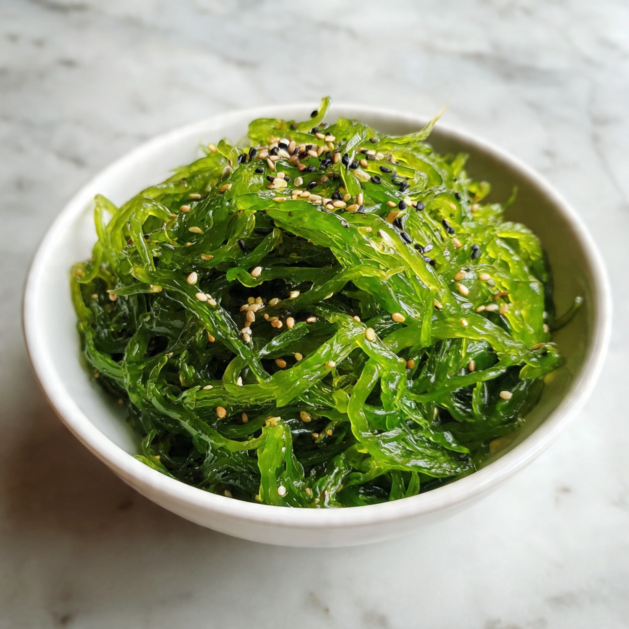 A white bowl filled with bright green seaweed salad, featuring thin, stringy seaweed layered evenly throughout. The salad is sprinkled with small black and white sesame seeds scattered on top, adding texture and contrast. The bowl sits on a white marbled surface. photo taken with an iphone --ar 4:5 --v 7