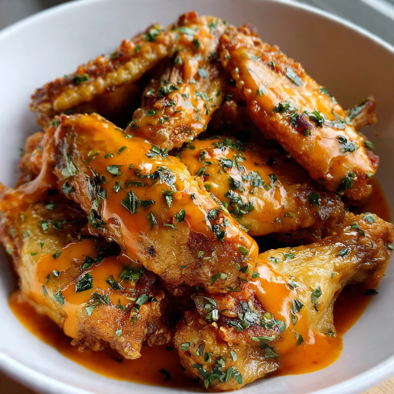 The image shows a white bowl filled with golden brown fried chicken wings. Each wing is covered with an orange sauce that is drizzled evenly on top. Small green herb pieces are sprinkled over the wings, adding a contrast of color. The wings look crispy with a rough texture under the smooth sauce. Photo taken with an iphone --ar 4:5 --v 7